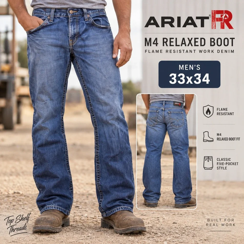 Ariat M4 Relaxed Boot Cut Men W33 L34 Blue Flame Resistant Workwear Jeans Cowboy